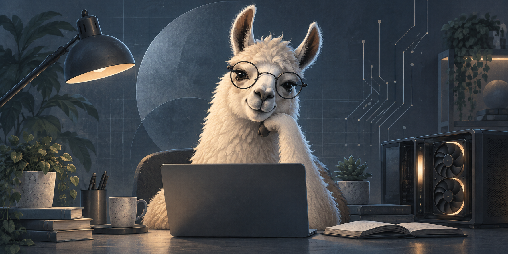 A thoughtful llama working at a laptop beside a desktop GPU